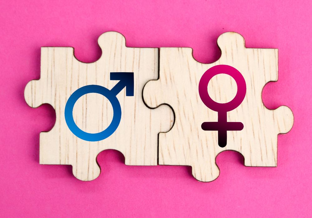 Dos piezas de puzzle con los iconos de sexo femenino y masculino. Imagen que representa salud sexual.